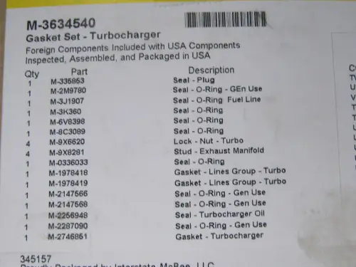 CATERPILLAR GASKET KIT TURBO M3634540 NEW